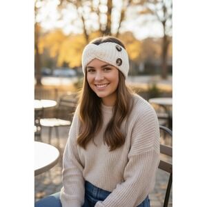 C.C Exclusives Headband & Neck Warmer Set Womens One Size Ivory Flower Buttons